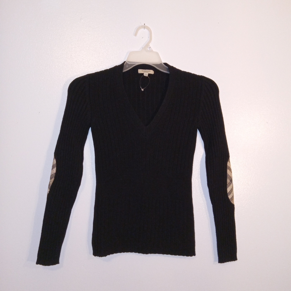 Burberry Black V-Neck Sweater with Check Elbow Patches